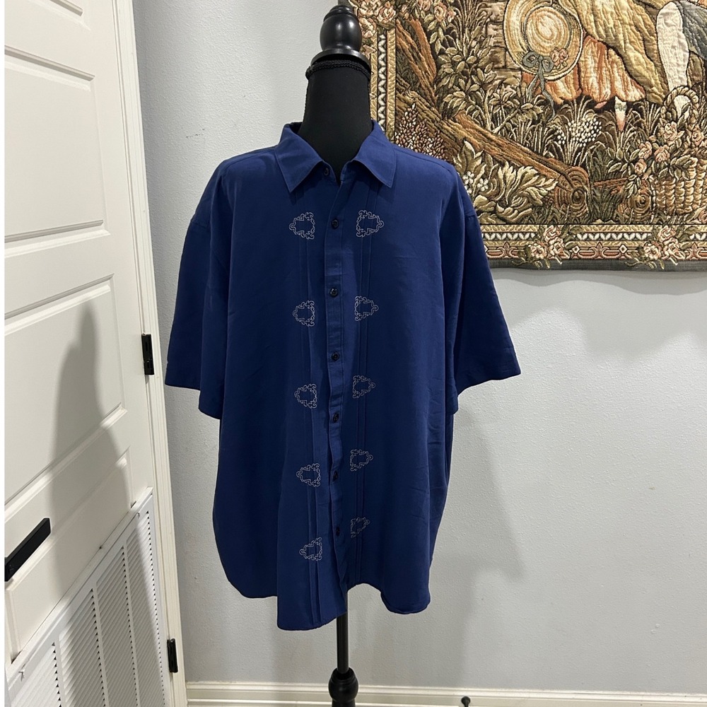 Havanera Mens XXL Embroidered Navy Blue Short Sleeve Button‎ Down Shirt